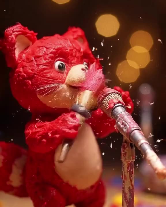 A red panda holds a giant paintbrush like a microphone, rapping into a microphone stand m…