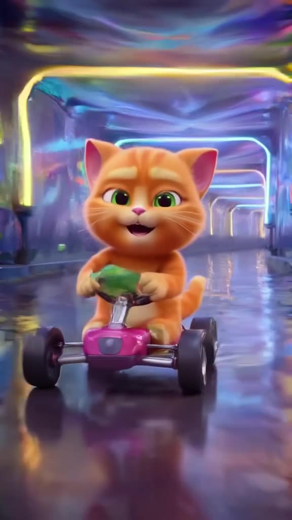 An orange tabby cat drives a mini kart through a tunnel of lights. A cucumber appears, an…