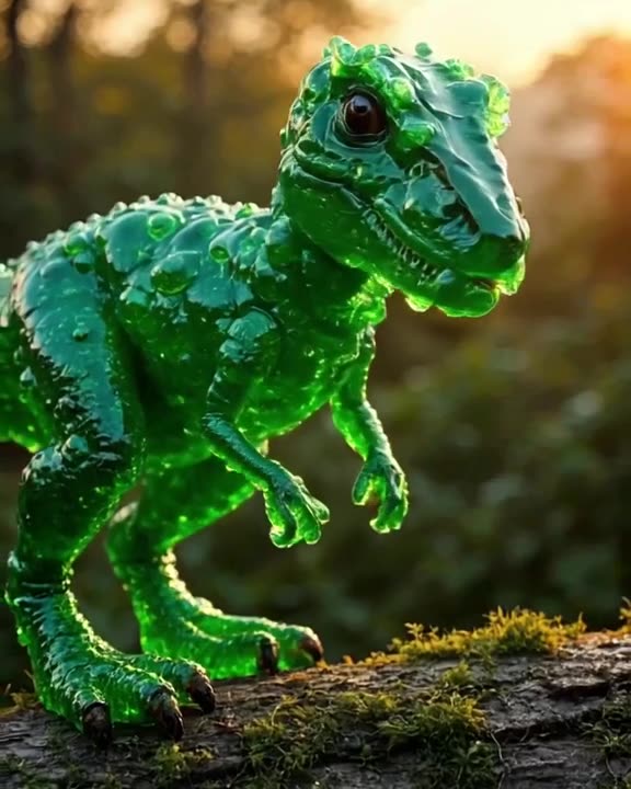 A hyper-realistic velociraptor made of translucent green gelatin wobbles on a mossy log. …