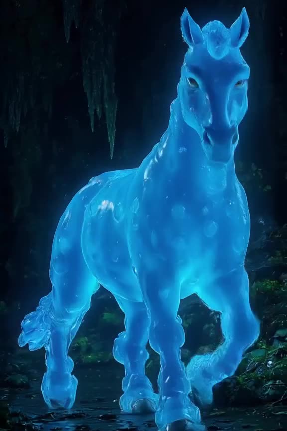 A horse sculpted from glowing blue jelly wobbles as it walks through a dark, wet cave. Bi…
