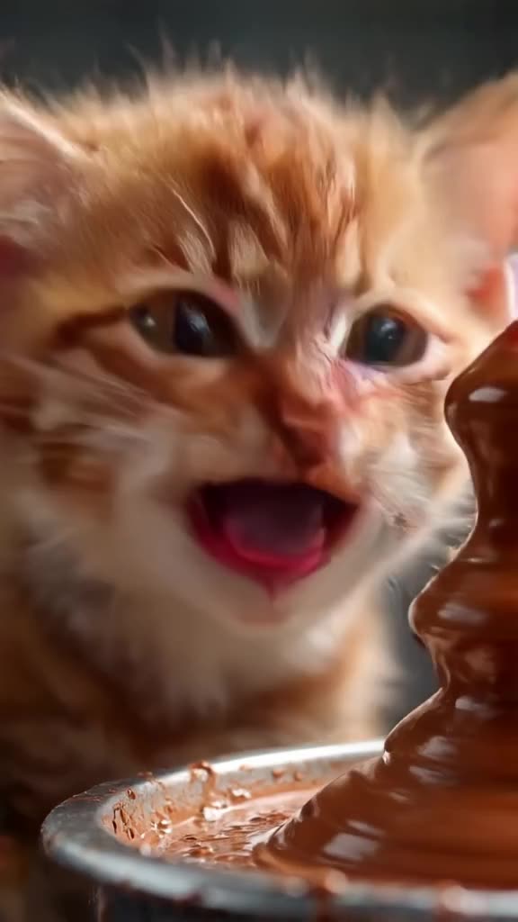 A tiny kitten stares intensely at a melting chocolate fountain. It sneezes, causing its w…