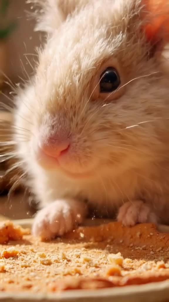 A chinchilla dusts itself off after sneezing on a small personal pizza. Dust particles fl…