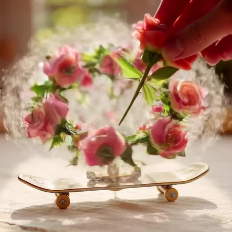 A miniature tornado of colorful roses swirls around a stationary skateboard. A hand enter…