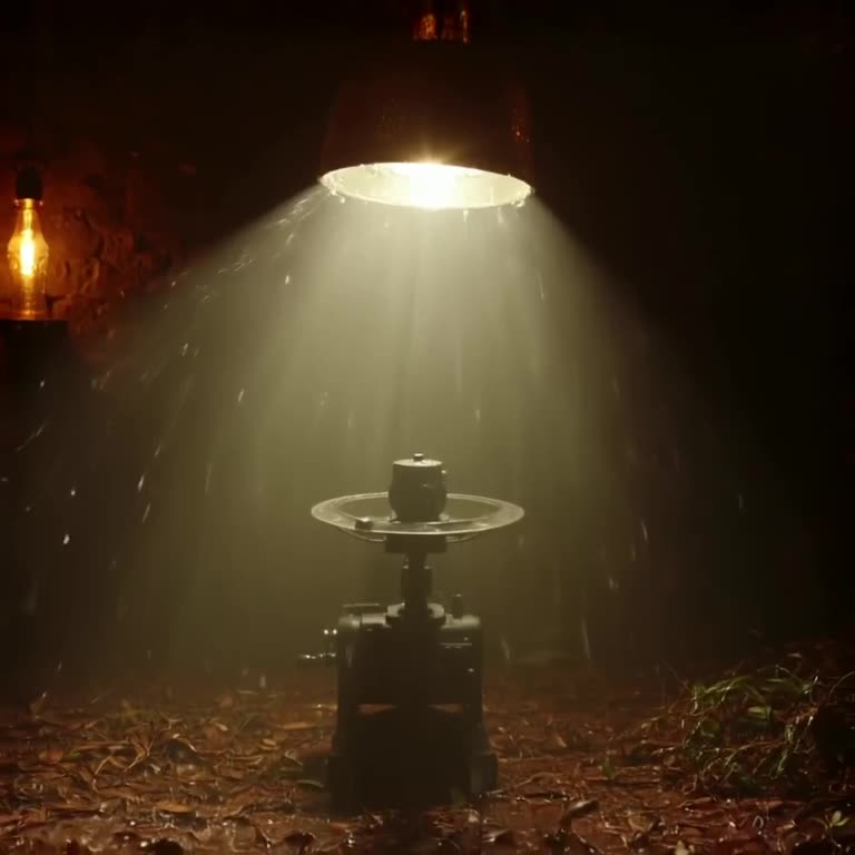 A film projector beam cuts through dark mist. Raindrops fall through the beam, turning in…