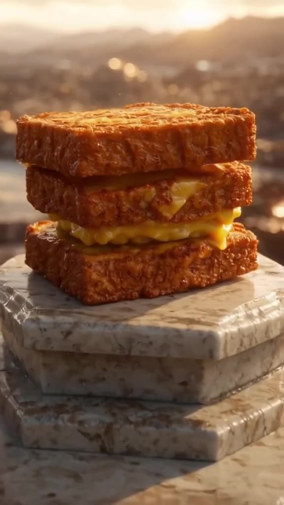 A crispy, golden-brown grilled cheese sandwich stands tall like a king on a marble altar.…