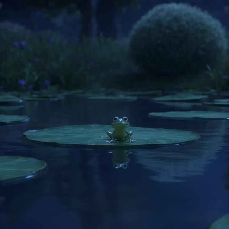 A tiny, glass frog sits on a lily pad, croaking. With each croak, it inflates slightly an…