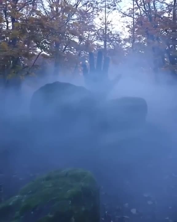 Fog rolls over mossy rocks, forming a playful ghostly hand that waves, autumn trees in ba…