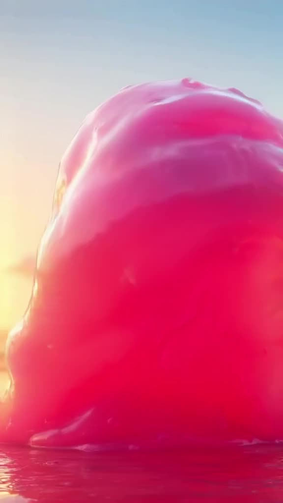 A giant, translucent pink slime blob wearing tiny LED sunglasses dances to K-pop beats, p…