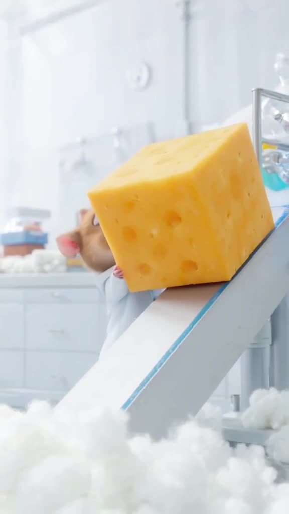 A hamster in a lab coat pushes a giant cheese wheel up a steep ramp. It slips, rolling do…
