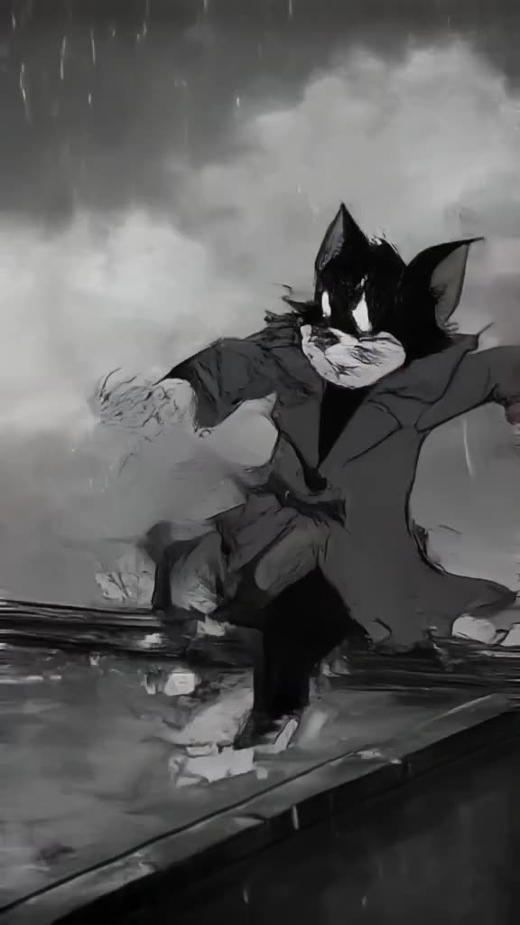 A noir detective cat in a trench coat tries to land a roof jump but misses, sliding down …