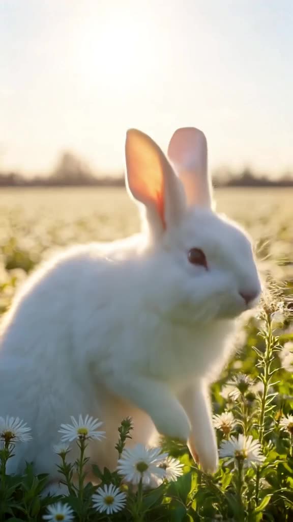 An arctic hare pauses mid-hop in a field of blooming white flowers under a bright sun, ea…