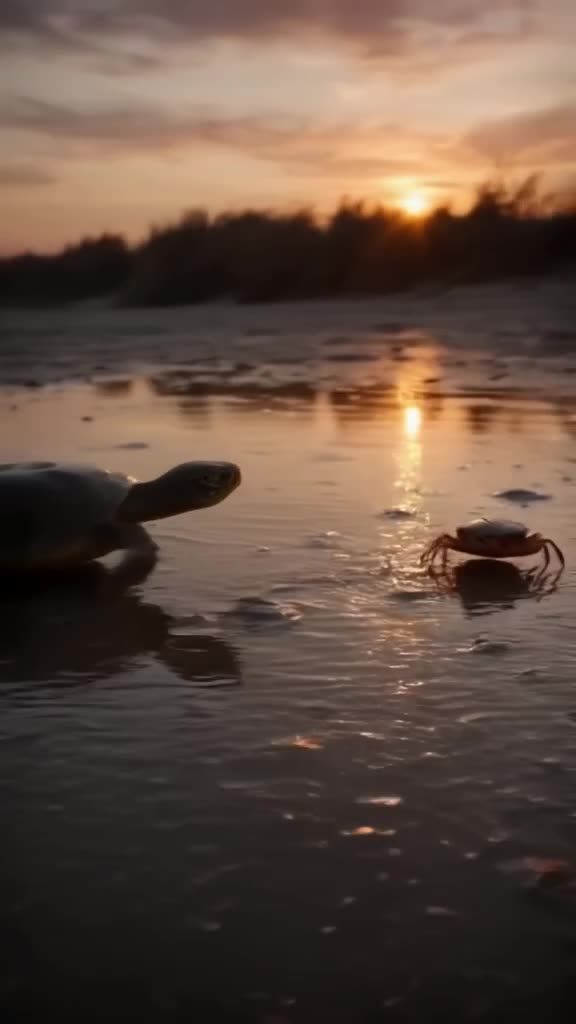 A turtle and a crab race across wet sand. The turtle moves slowly but steadily. The crab …