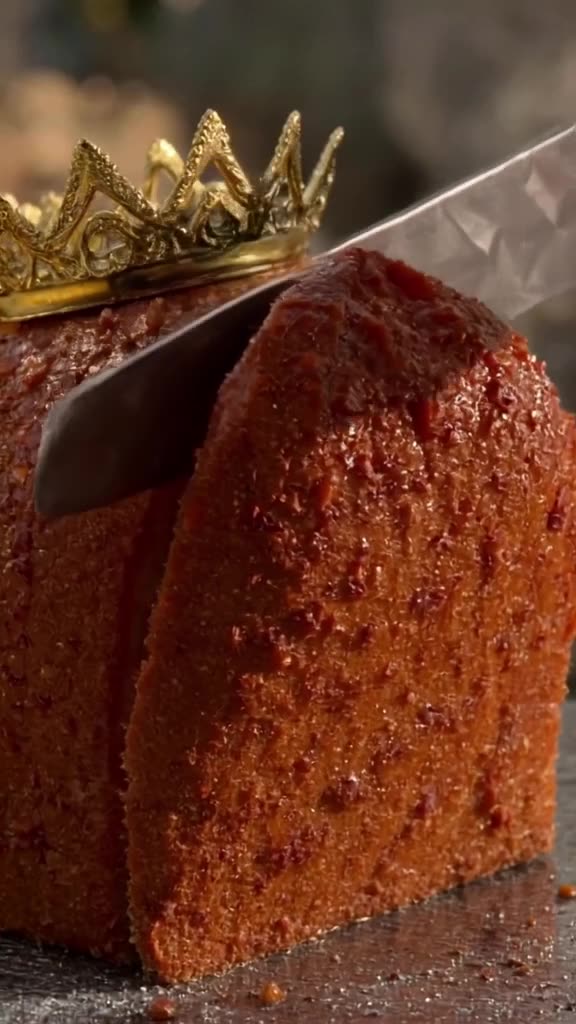 A loaf of bread wearing a crown is sliced by a diamond knife, revealing buttery layers th…