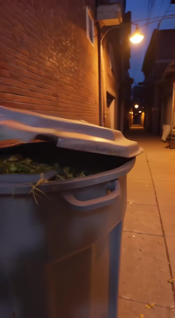 A trash can lid flips open and shut like a hungry mouth, snapping at falling leaves. The …
