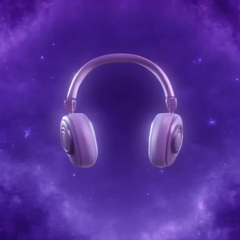 Headphones float in zero gravity in a void of deep purple nebula clouds. They gently bob …