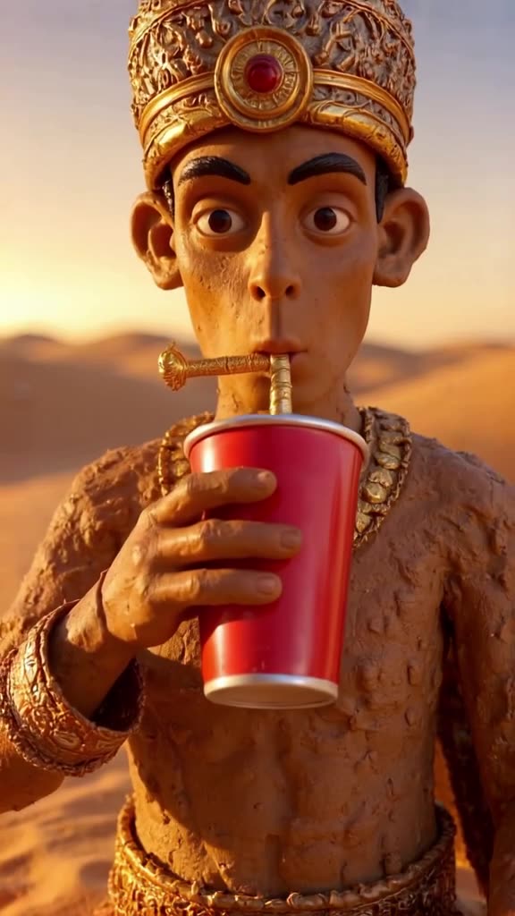 A pharaoh in full regalia tries to drink from a modern red solo cup using a long, ornate …