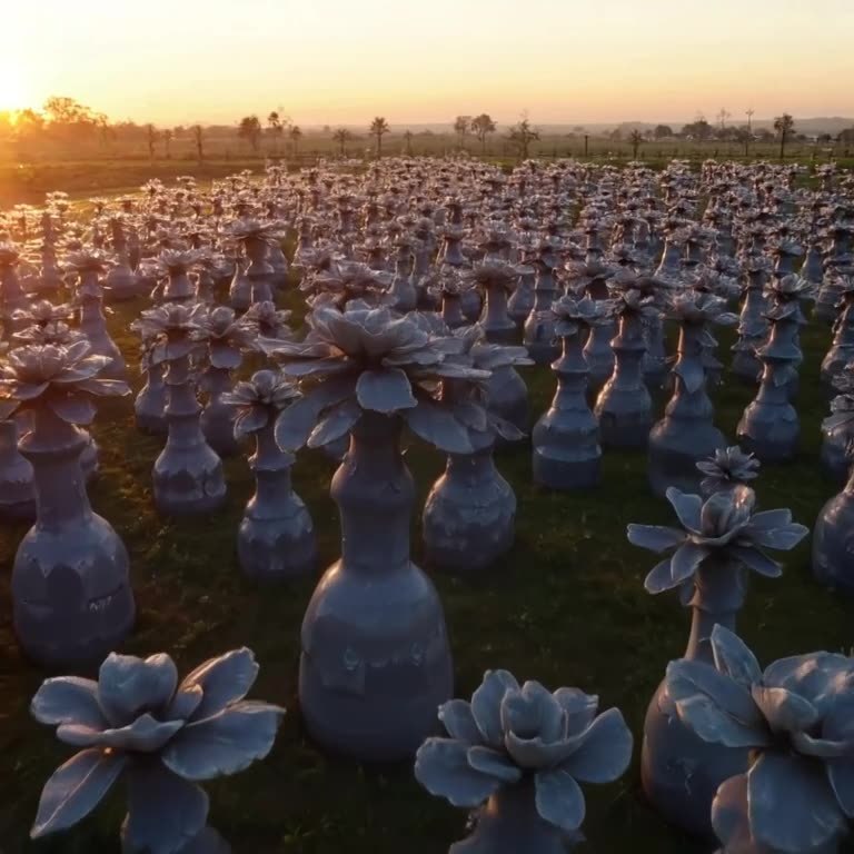 Aerial drone shot flying over a field of ceramic sculptures that are slowly unfurling lik…