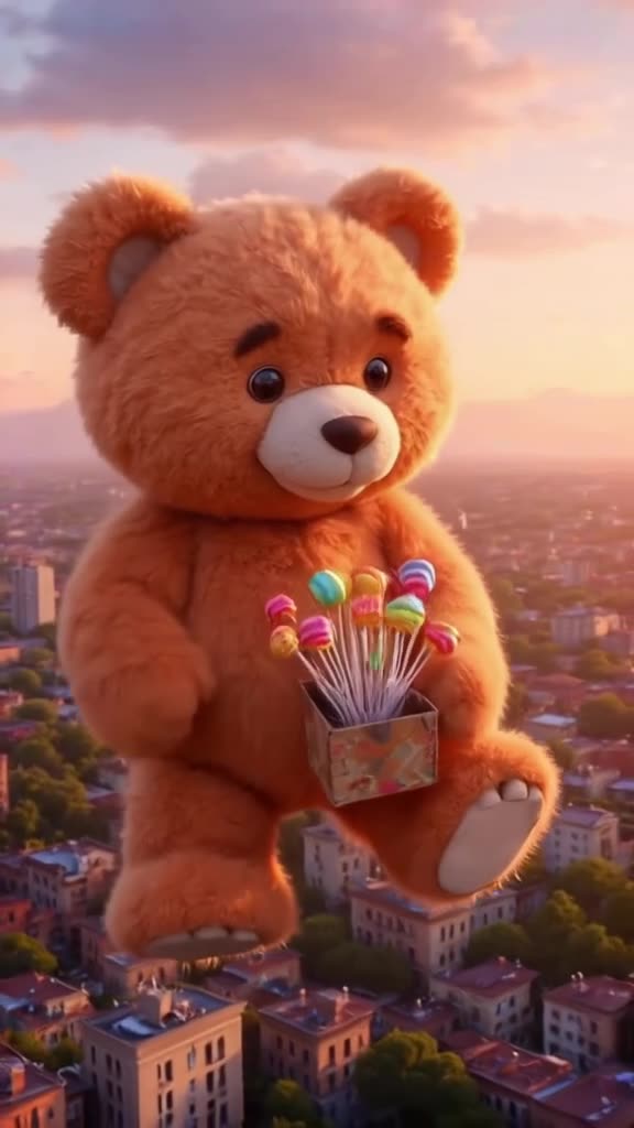A giant teddy bear floats gently over a cityscape, carrying a box of rainbow lollipops. A…