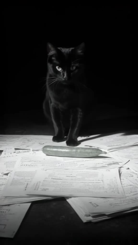 A sleek black cat sits atop a stack of venture capital term sheets. A cucumber is placed …