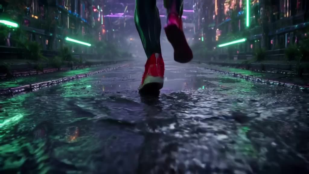Low angle shot of a pair of bright red sneakers stepping into a shallow puddle. The refle…