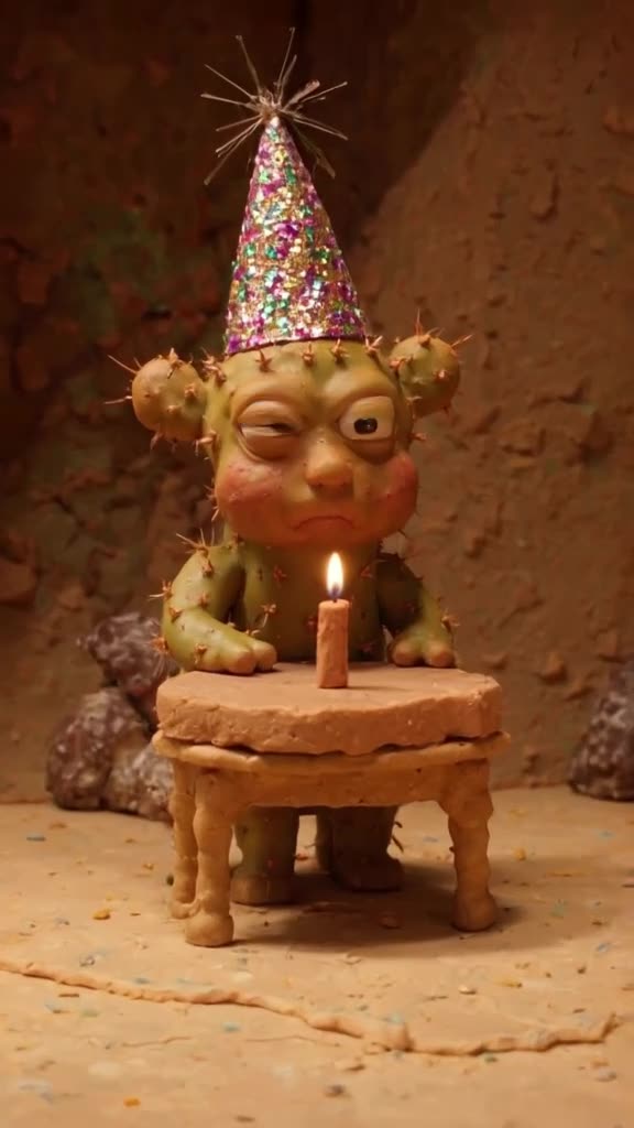 A tiny, grumpy cactus wears a glittery party hat, sitting at a miniature table with a sin…