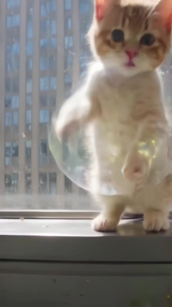 Photorealistic macro lens on a skyscraper window sill. A kitten paws a cucumber. It insta…