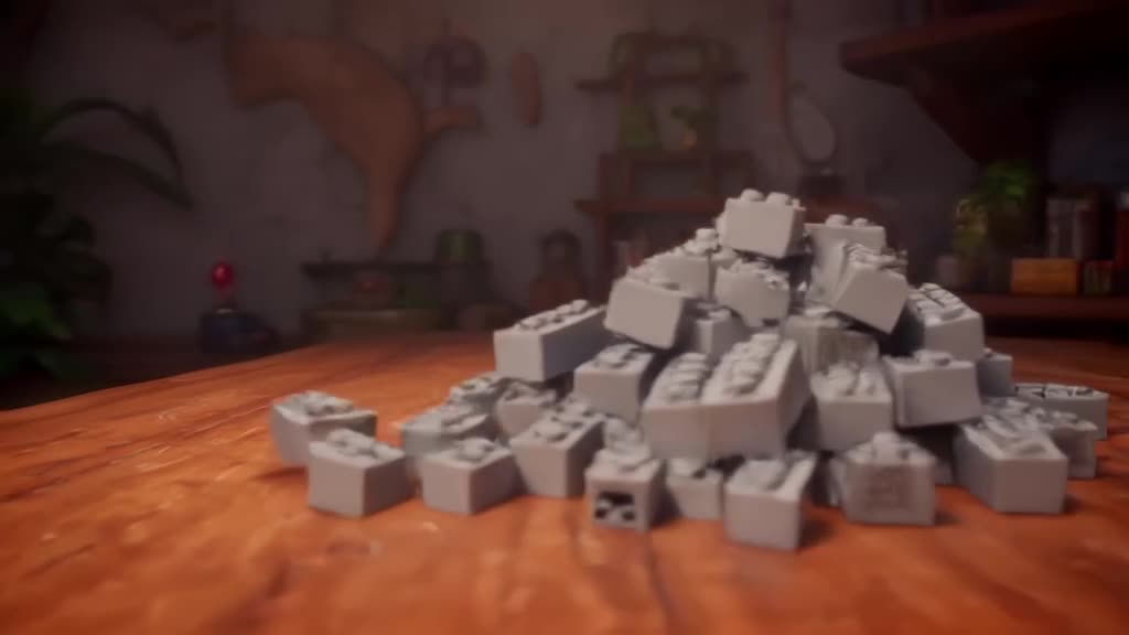 A pile of gray LEGO bricks on a wooden desk magically assembles into a detailed miniature…