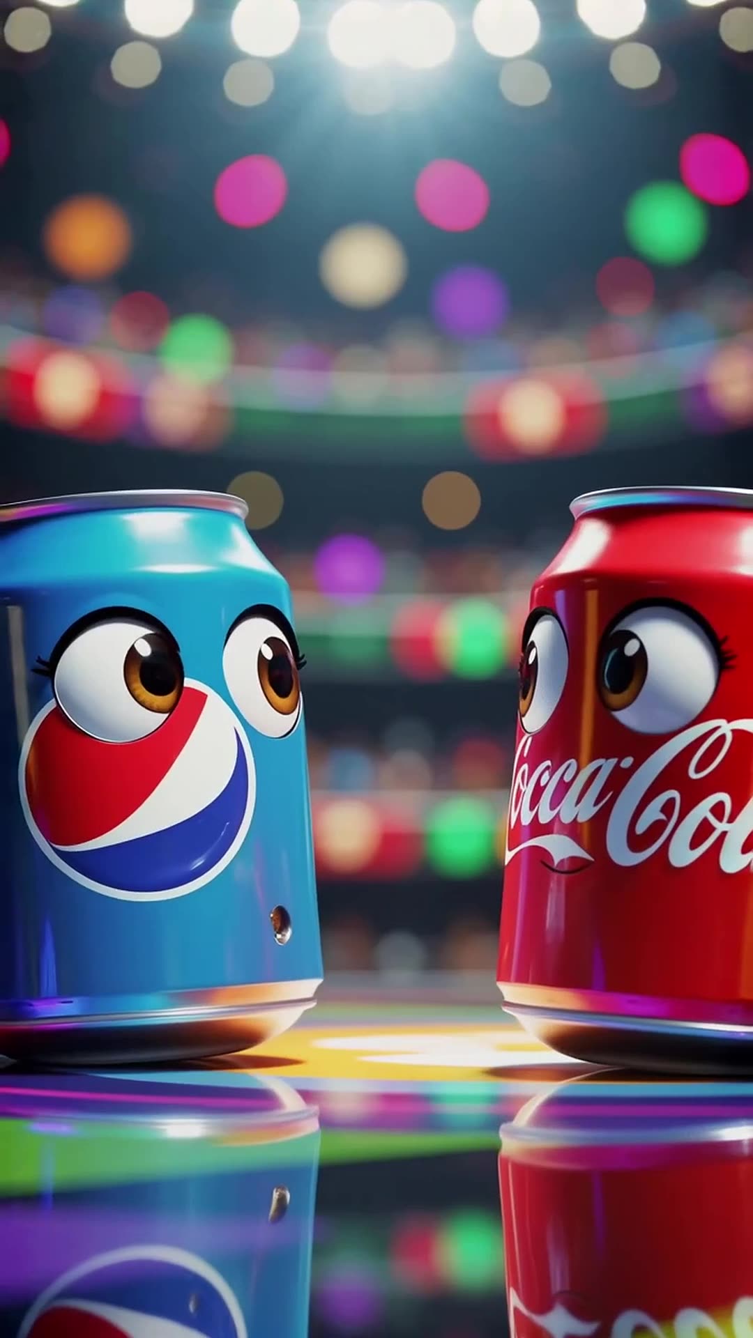 In a vibrant stadium spotlight, a Pepsi can with wide eyes shouts 'I’m gonna win!' while …