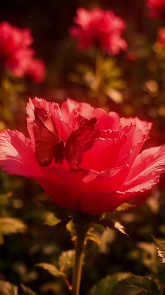 Pixel art garden with blooming flowers. A butterfly lands on a rose. The rose petals open…