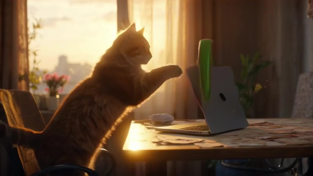 A fluffy orange tabby cat sits elegantly next to a sleek MacBook Pro on a minimalist desk…