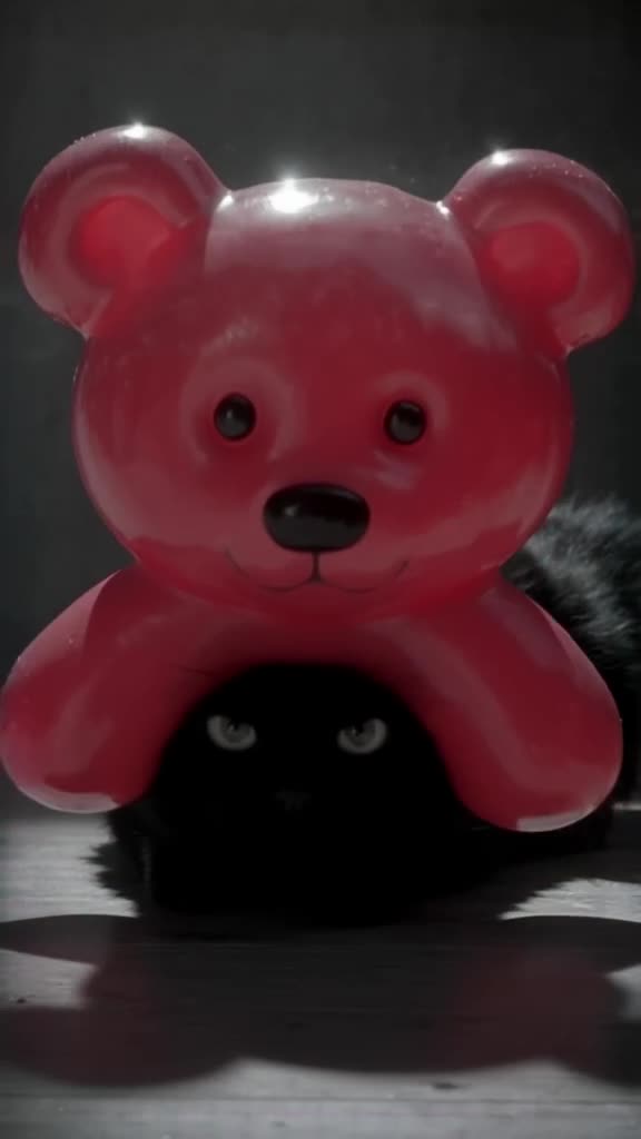 A black cat hides under a giant red gummy bear. The gummy bear slowly deflates, revealing…