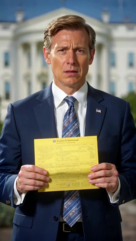 A stern US diplomat in a crisp suit holds a yellow Patriot missile license document again…