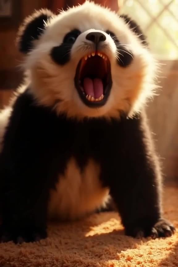 A baby panda yawns widely, revealing tiny teeth, then dramatically flops sideways onto a …