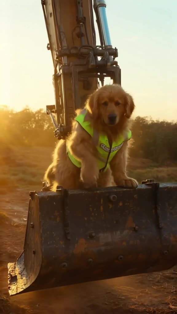 A chubby golden retriever wearing a neon yellow construction vest stands on a giant excav…