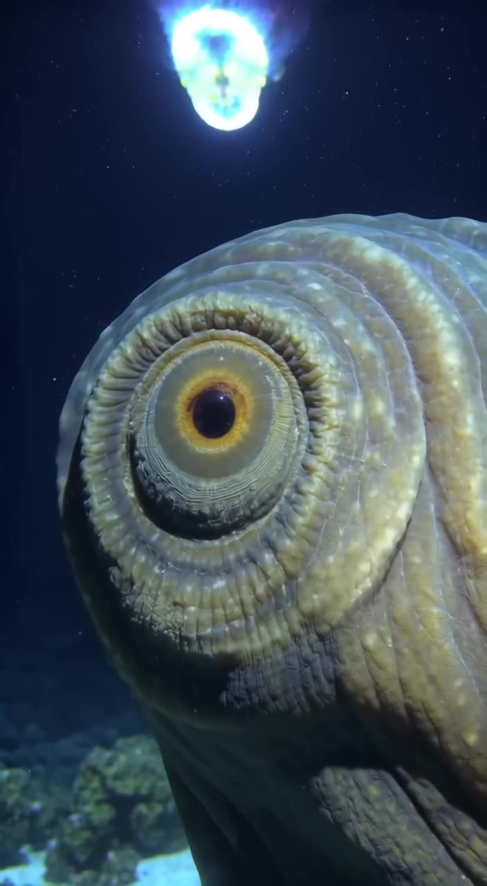 A documentary-style close-up of a giant squid’s eye blinking slowly. The texture of its s…