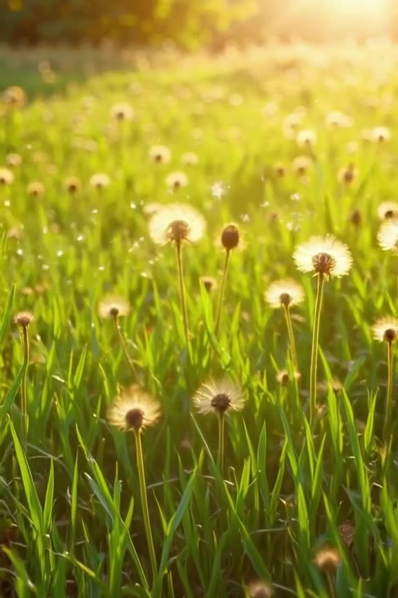 A ghost gently blows on a dandelion in a sunlit meadow. The seeds float away slowly, turn…