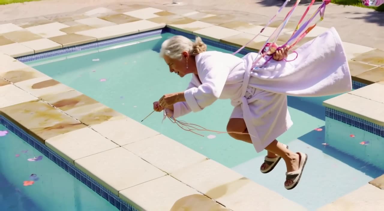 A grandma in a bathrobe and slippers cliff diving into a crystal clear pool. She holds a …