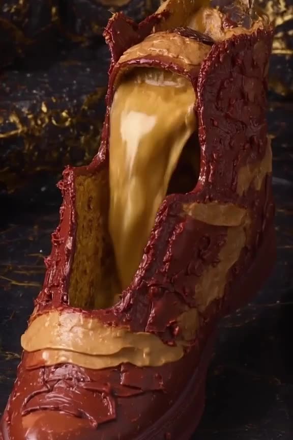 A sneaker made of layered chocolate and hazelnut spread is cut open to reveal a liquid go…