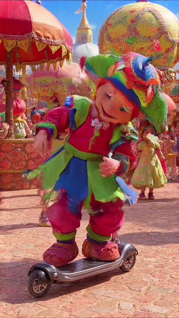 A medieval jester in colorful motley hat struggles to put a helmet on a modern electric s…