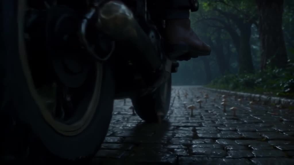 Close-up of a motorcycle tire rolling over wet cobblestones. As it passes, every stone tu…
