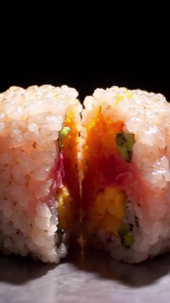 A sneaker made of layered sushi rice and raw fish is sliced by a sharp knife. The inside …