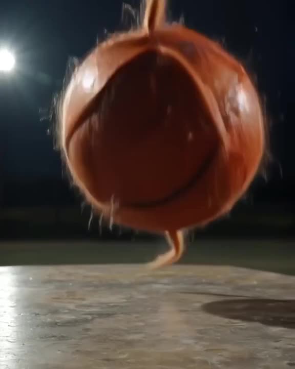 A ball of wool jumps off a table, morphing into a bouncing basketball. It dribbles in slo…