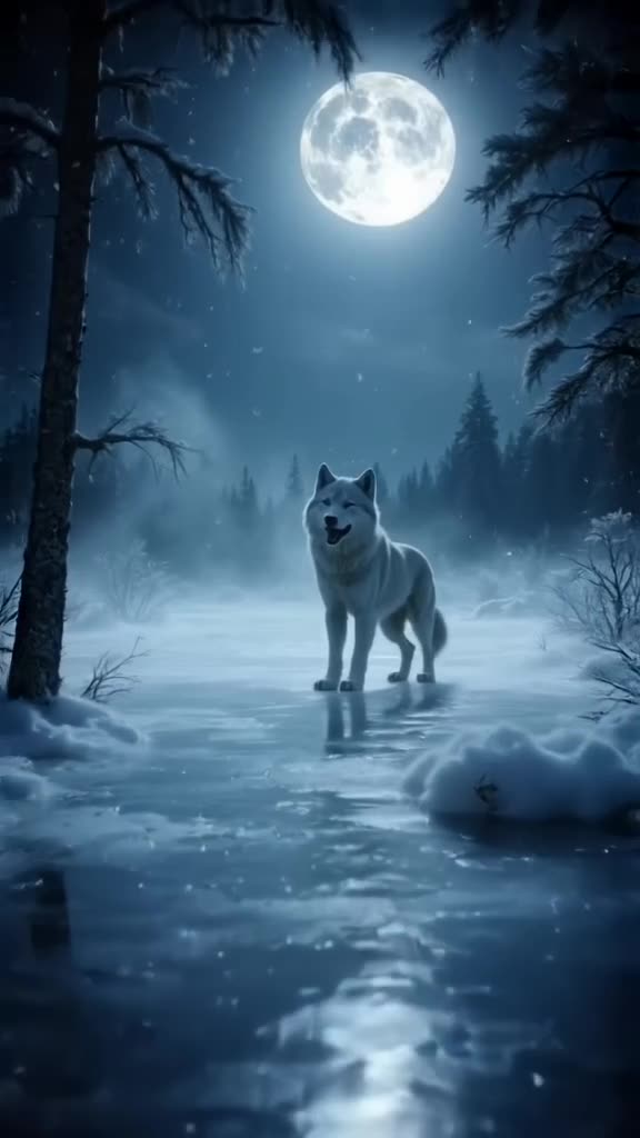 An arctic wolf howls at a full moon in a frozen lake clearing, snow swirling around it. M…