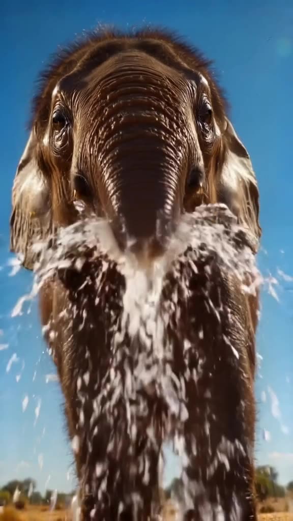 A baby elephant sprays water from its trunk, spraying directly at a camera lens. Lens fla…
