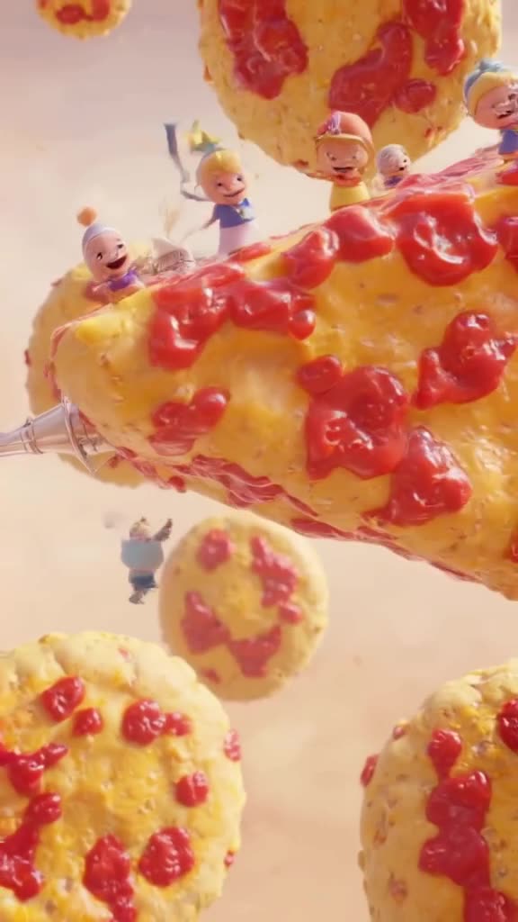 A miniature astronaut flies a rocket shaped like a giant slice of pizza through a sky of …