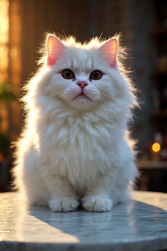A fluffy white Persian cat sits stoically on a marble table. Suddenly, colorful gulal pow…