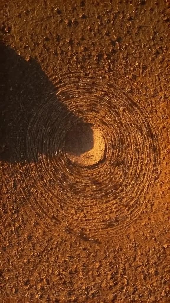 A termite mound is shown from above, with workers moving in intricate, swirling patterns …