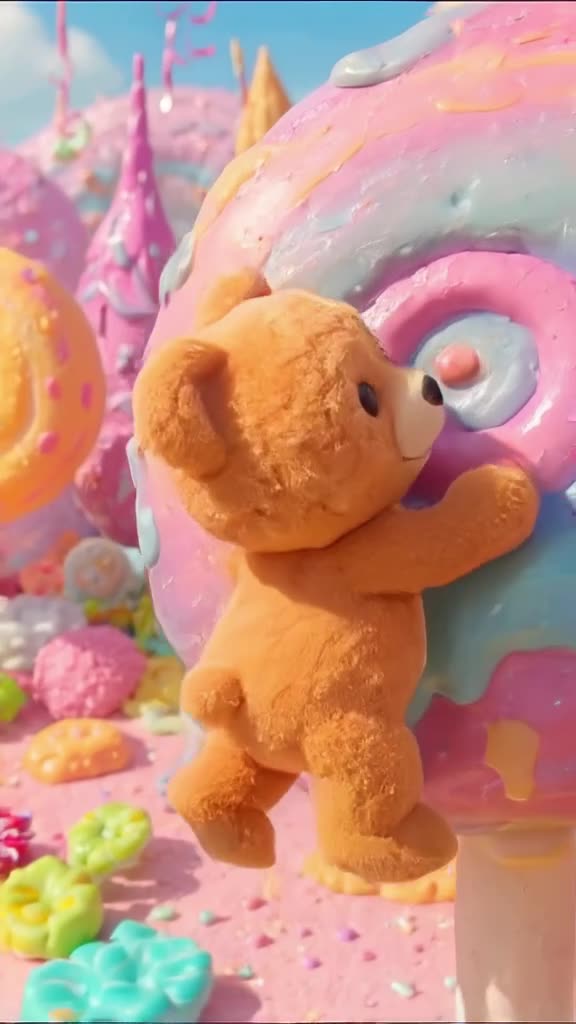 A teddy bear made of soft, plush velvet climbs a giant, colorful lollipop tree in a candy…