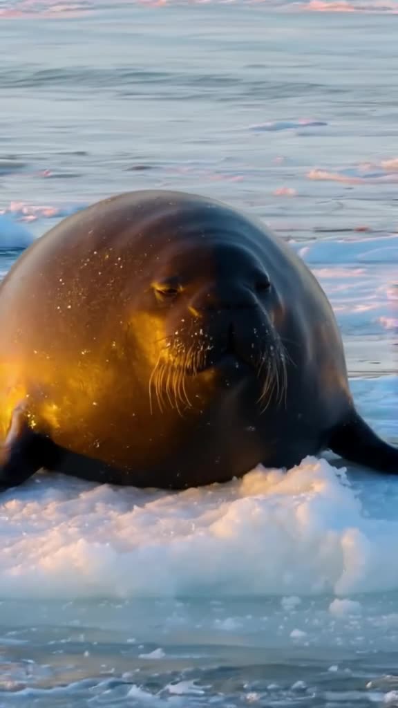 A walrus rests peacefully on an ice floe, blinking slowly as snowflakes land on its whisk…