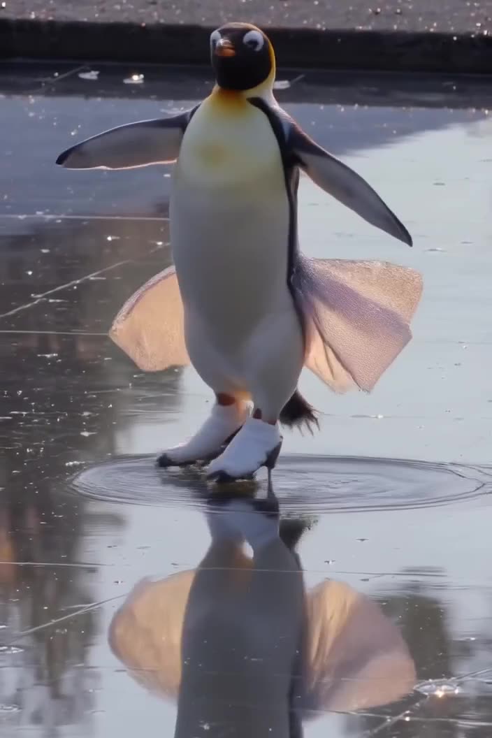 A penguin in a glittering gown ice-skates on a stage made of liquid mercury. The reflecti…
